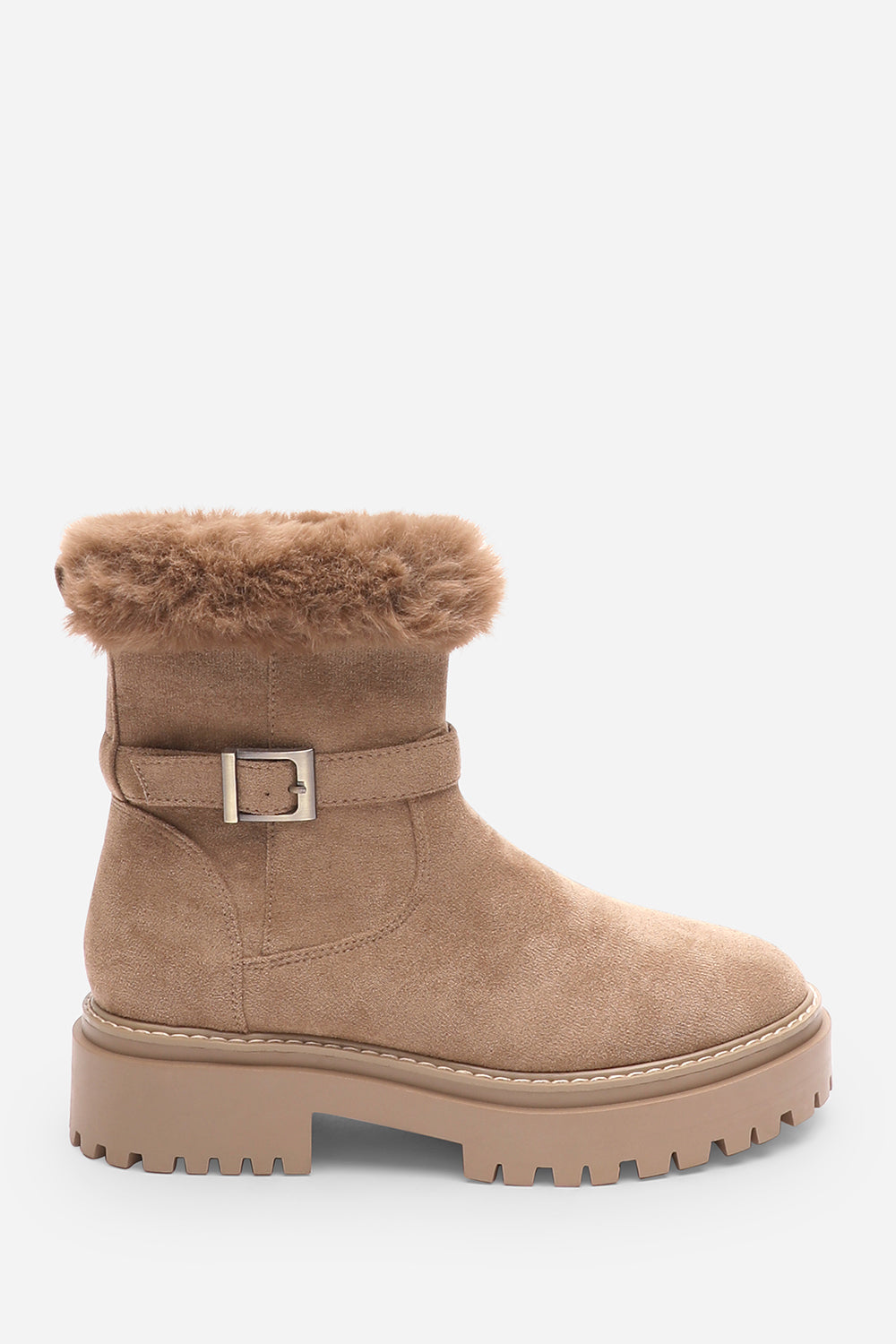 Quora Camel Suede Low Heel Ankle Boots with Faux Fur Cuff and Buckle Detail