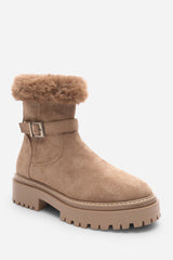 Quora Camel Suede Low Heel Ankle Boots with Faux Fur Cuff and Buckle Detail