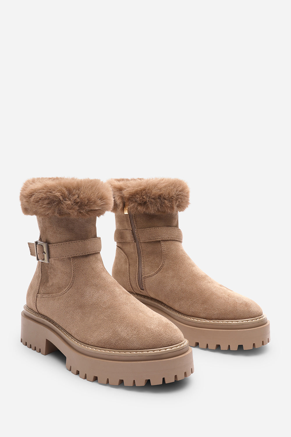 Quora Camel Suede Low Heel Ankle Boots with Faux Fur Cuff and Buckle Detail