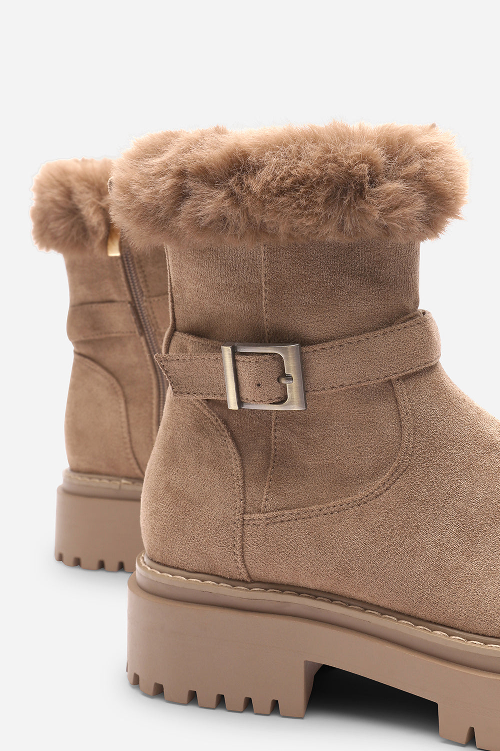 Quora Camel Suede Low Heel Ankle Boots with Faux Fur Cuff and Buckle Detail