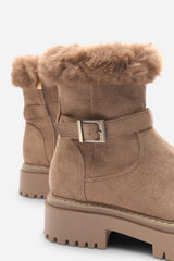 Quora Camel Suede Low Heel Ankle Boots with Faux Fur Cuff and Buckle Detail