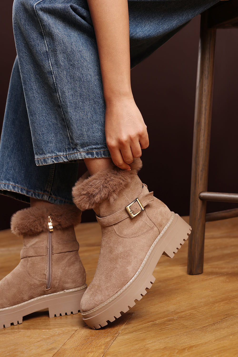Quora Camel Suede Low Heel Ankle Boots with Faux Fur Cuff and Buckle Detail