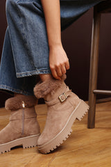 Quora Camel Suede Low Heel Ankle Boots with Faux Fur Cuff and Buckle Detail