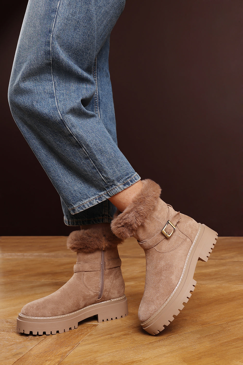 Quora Camel Suede Low Heel Ankle Boots with Faux Fur Cuff and Buckle Detail