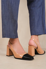 HELSINKI MID BLOCK TOE CAP SLINGBACK COURT SHOES IN NUDE PATENT/BLACK PU