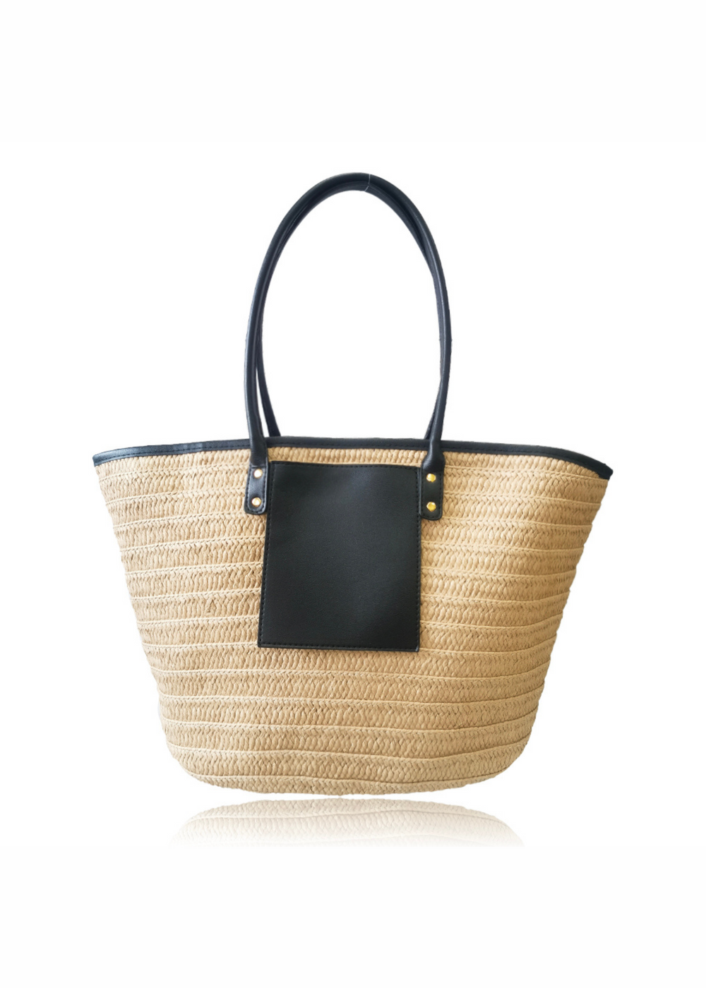 SHELL RATAN BEACH BAG WITH FRONT POCKET DETAIL IN BLACK FAUX LEATHER