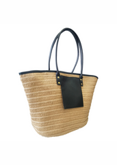 SHELL RATAN BEACH BAG WITH FRONT POCKET DETAIL IN BLACK FAUX LEATHER