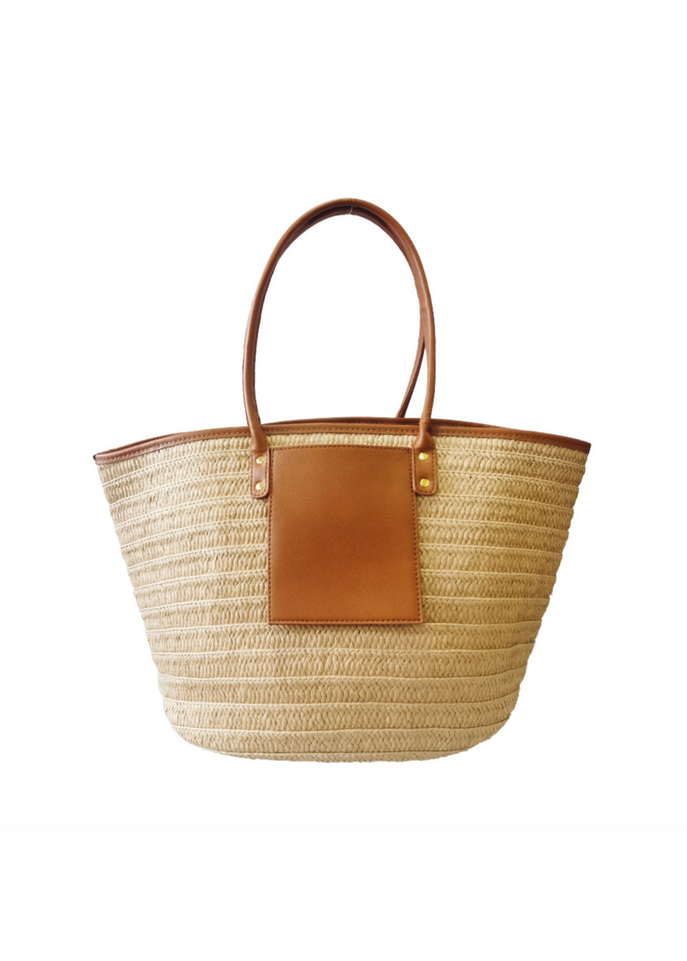 SHELL RATAN BEACH BAG WITH FRONT POCKET DETAIL IN TAN FAUX LEATHER