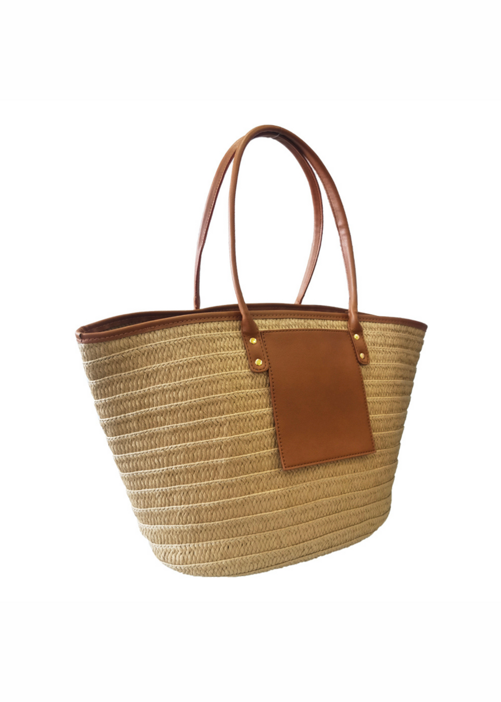 SHELL RATAN BEACH BAG WITH FRONT POCKET DETAIL IN TAN FAUX LEATHER