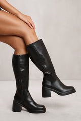 MADDIE BELOW KNEE BOOT WITH CHUNKY HEEL IN BLACK FAUX LEATHER