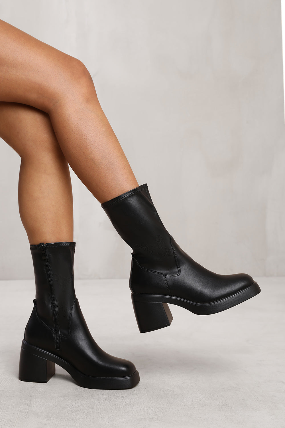 PALOMA MID CALF BOOT WITH CHUNKY HEEL IN BLACK FAUX LEATHER