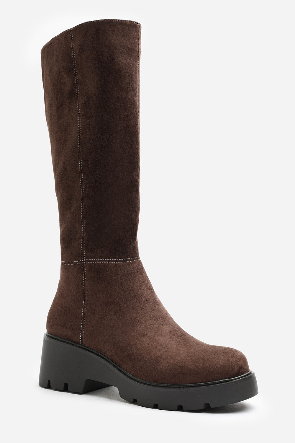 Envara Wide Fit Knee High Wedge Boot With Stitch Panel Detailing