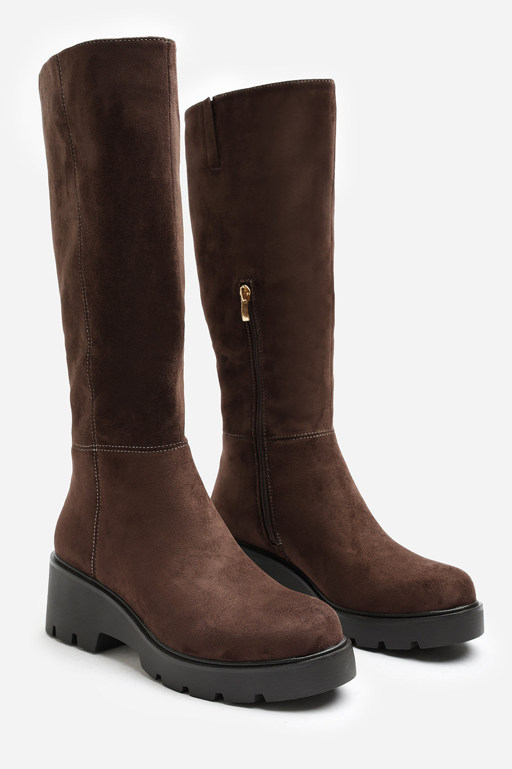 Envara Knee High Wedge Boot With Stitch Panel Detailing