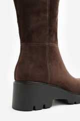 Envara Knee High Wedge Boot With Stitch Panel Detailing