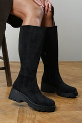 Envara Knee High Wedge Boot With Stitch Panel Detailing