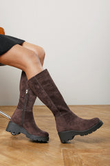 Envara Wide Fit Knee High Wedge Boot With Stitch Panel Detailing