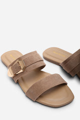 Orlina Two Strap Side Buckle Camel Suede Sandal