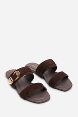 Orlina Two Strap Side Buckle Dark Brown Suede Sandal