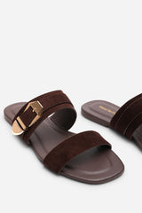 Orlina Two Strap Side Buckle Dark Brown Suede Sandal
