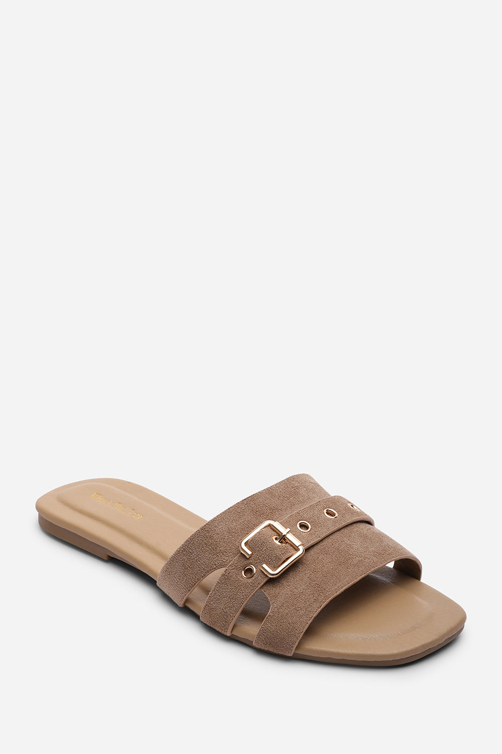 Alvita Buckle Slide on Flat Camel Suede Sandal