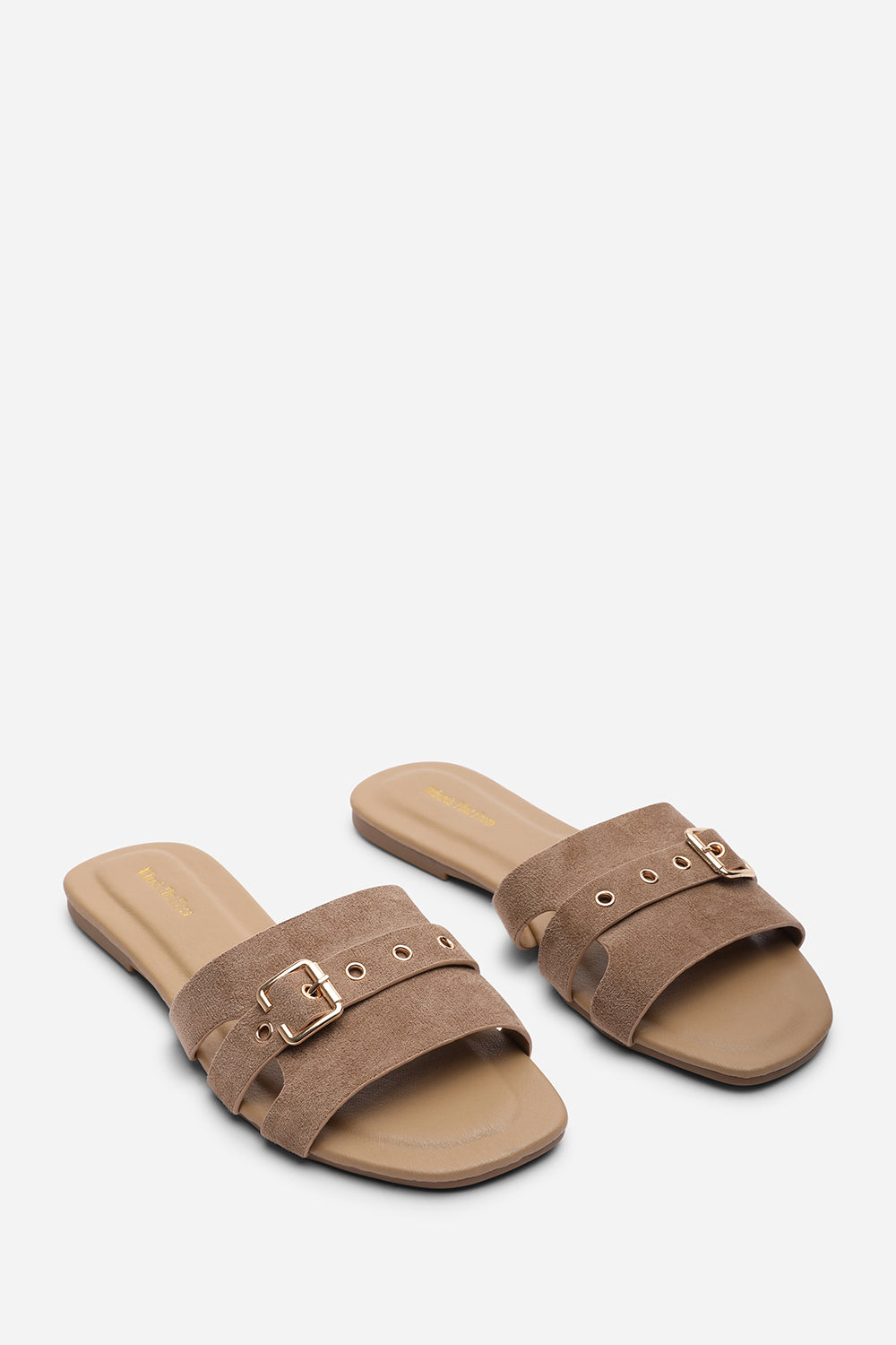 Alvita Buckle Slide on Flat Camel Suede Sandal