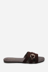 Alvita Buckle Slide on Flat Dark Brown Suede Sandal