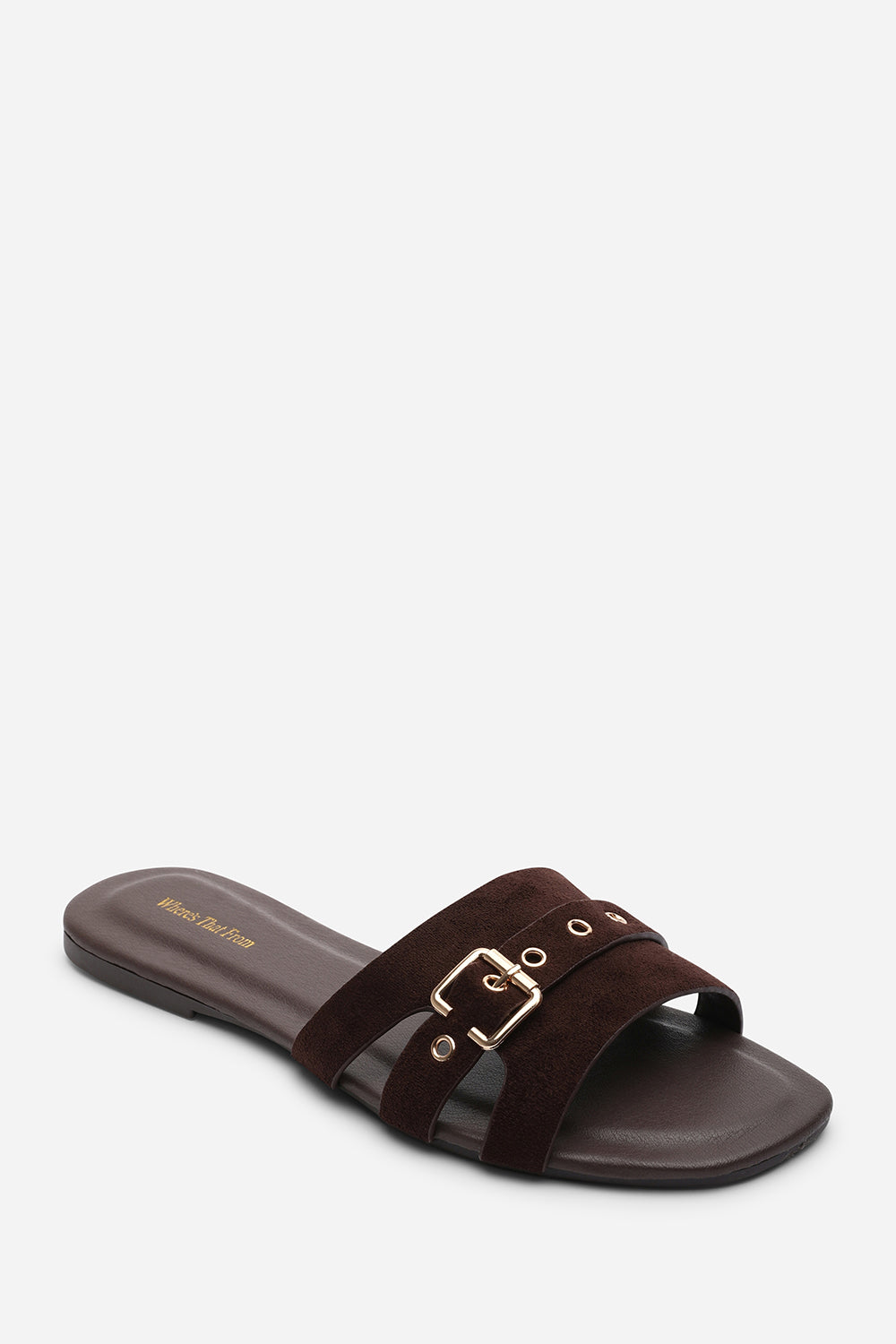 Alvita Buckle Slide on Flat Dark Brown Suede Sandal