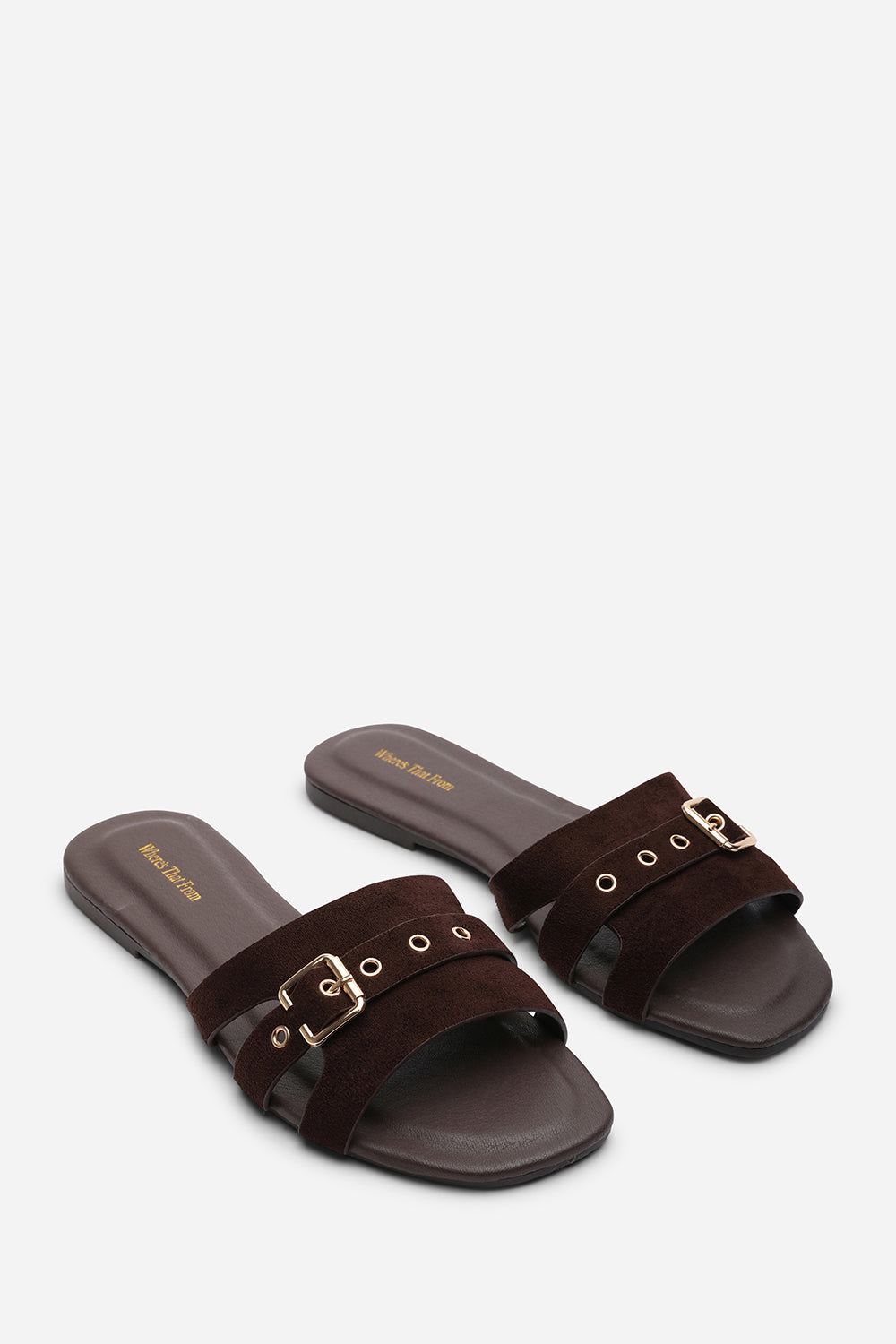 Alvita Buckle Slide on Flat Dark Brown Suede Sandal