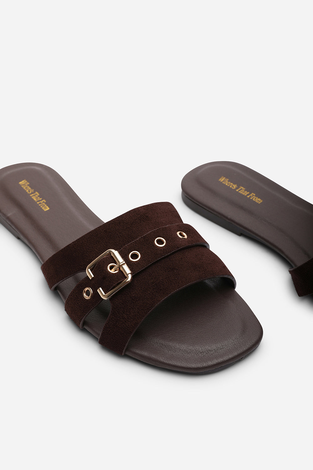 Alvita Buckle Slide on Flat Dark Brown Suede Sandal