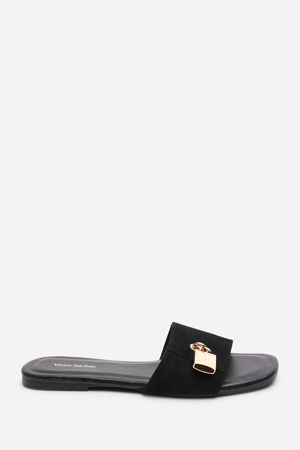 Solana Gold Trim Flat Black Suede Slide On Sandal