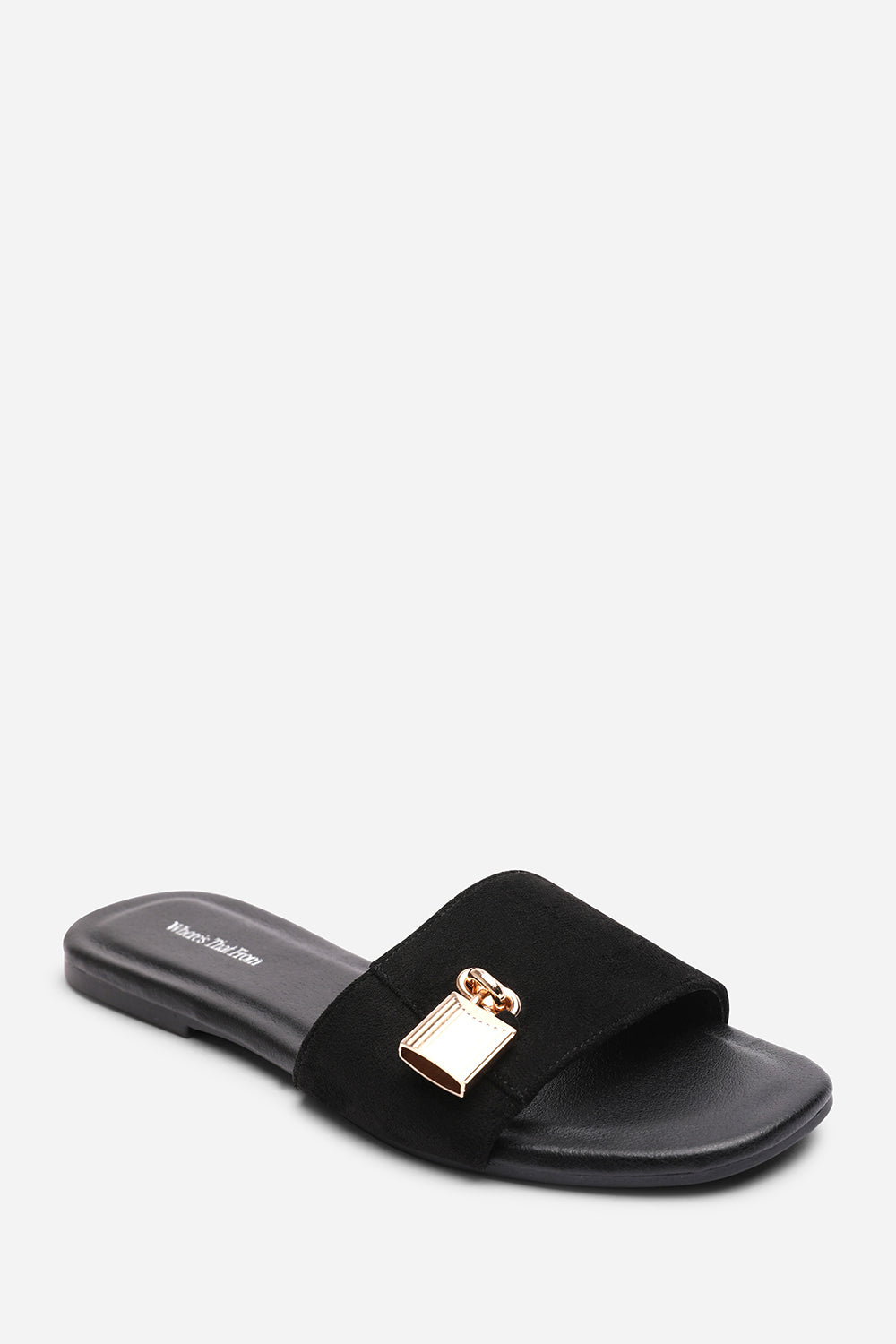 Solana Gold Trim Flat Black Suede Slide On Sandal
