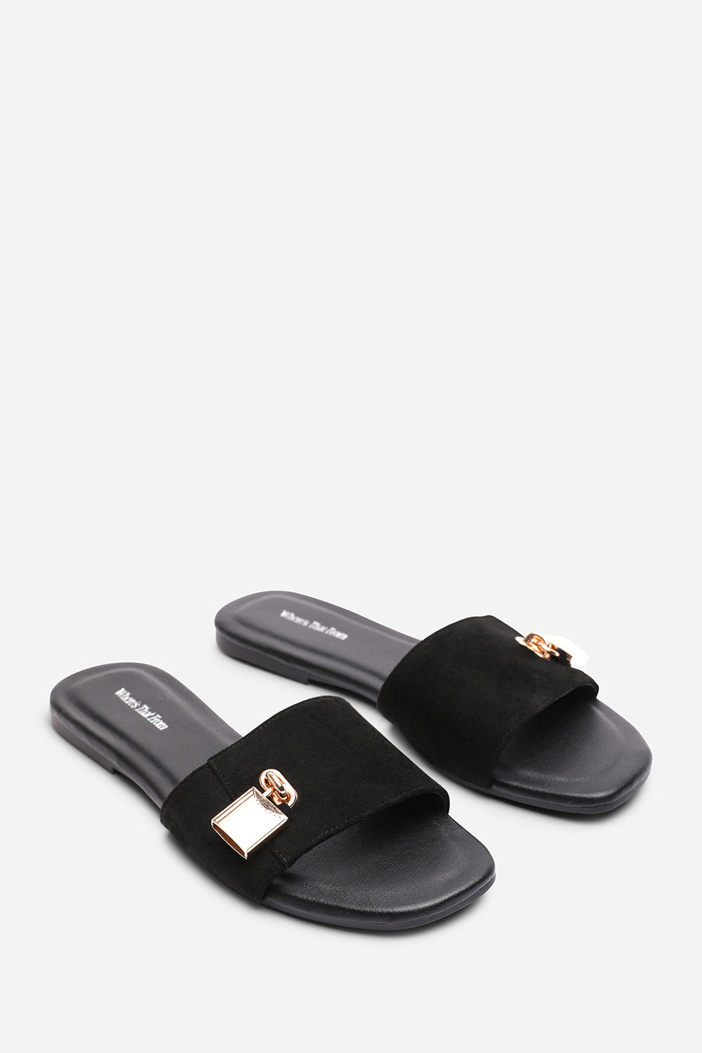 Solana Gold Trim Flat Black Suede Slide On Sandal