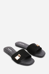 Solana Gold Trim Flat Black Suede Slide On Sandal