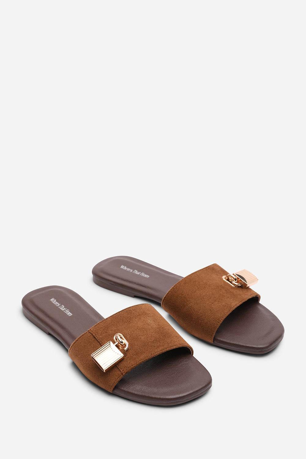 Solana Gold Trim Flat Cognac Suede Slide On Sandal
