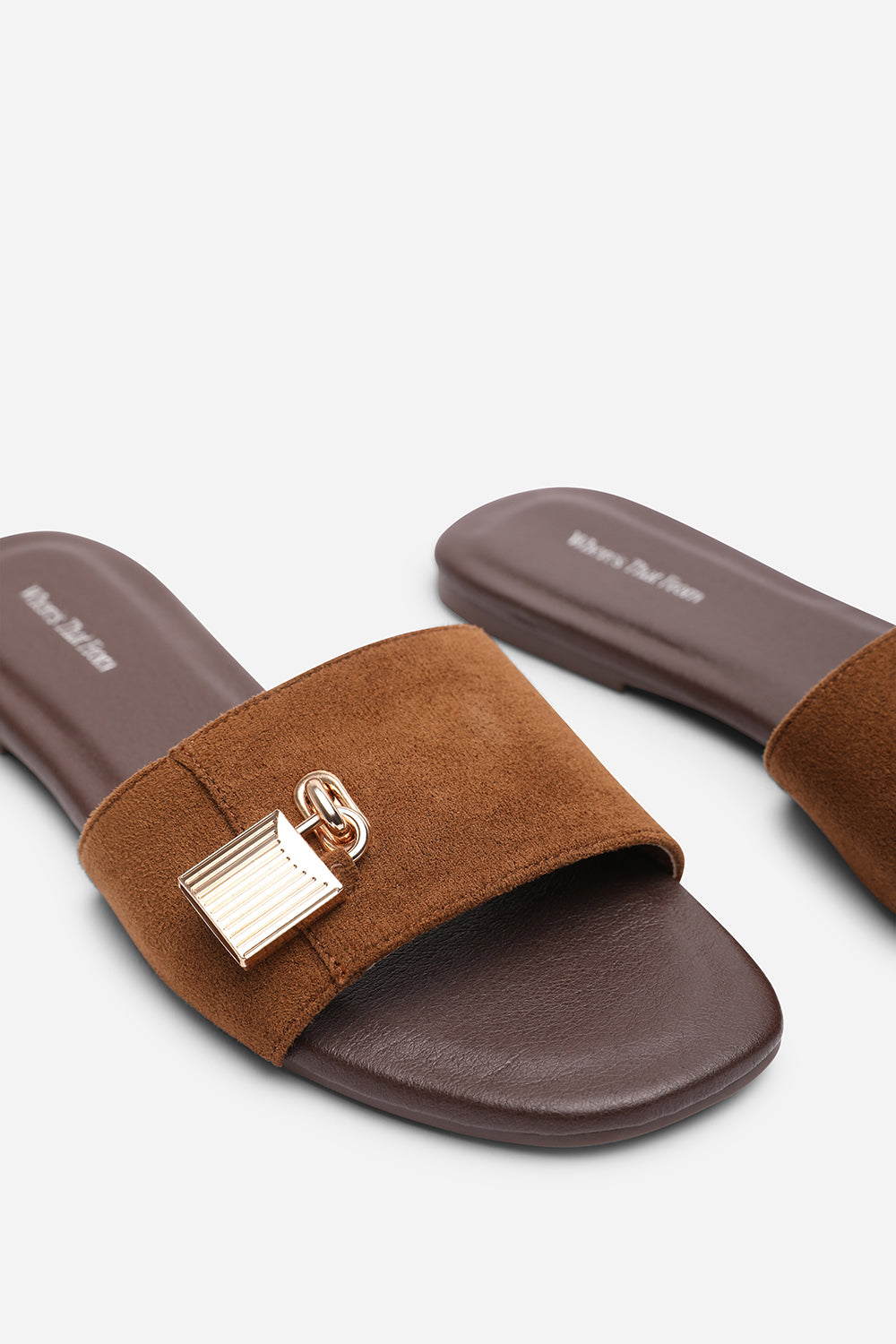 Solana Gold Trim Flat Cognac Suede Slide On Sandal
