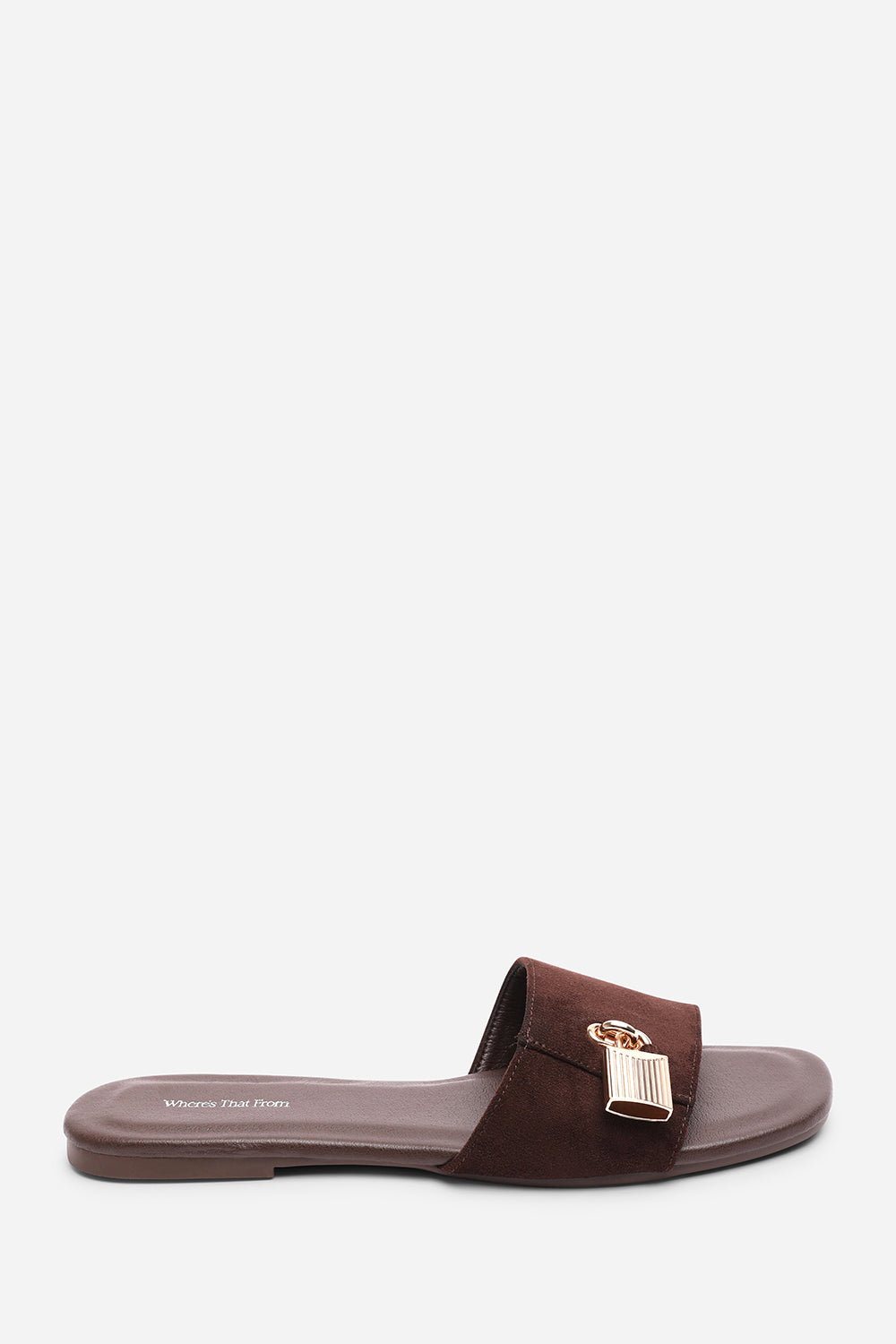 Solana Gold Trim Flat Dark Brown Suede Slide On Sandal