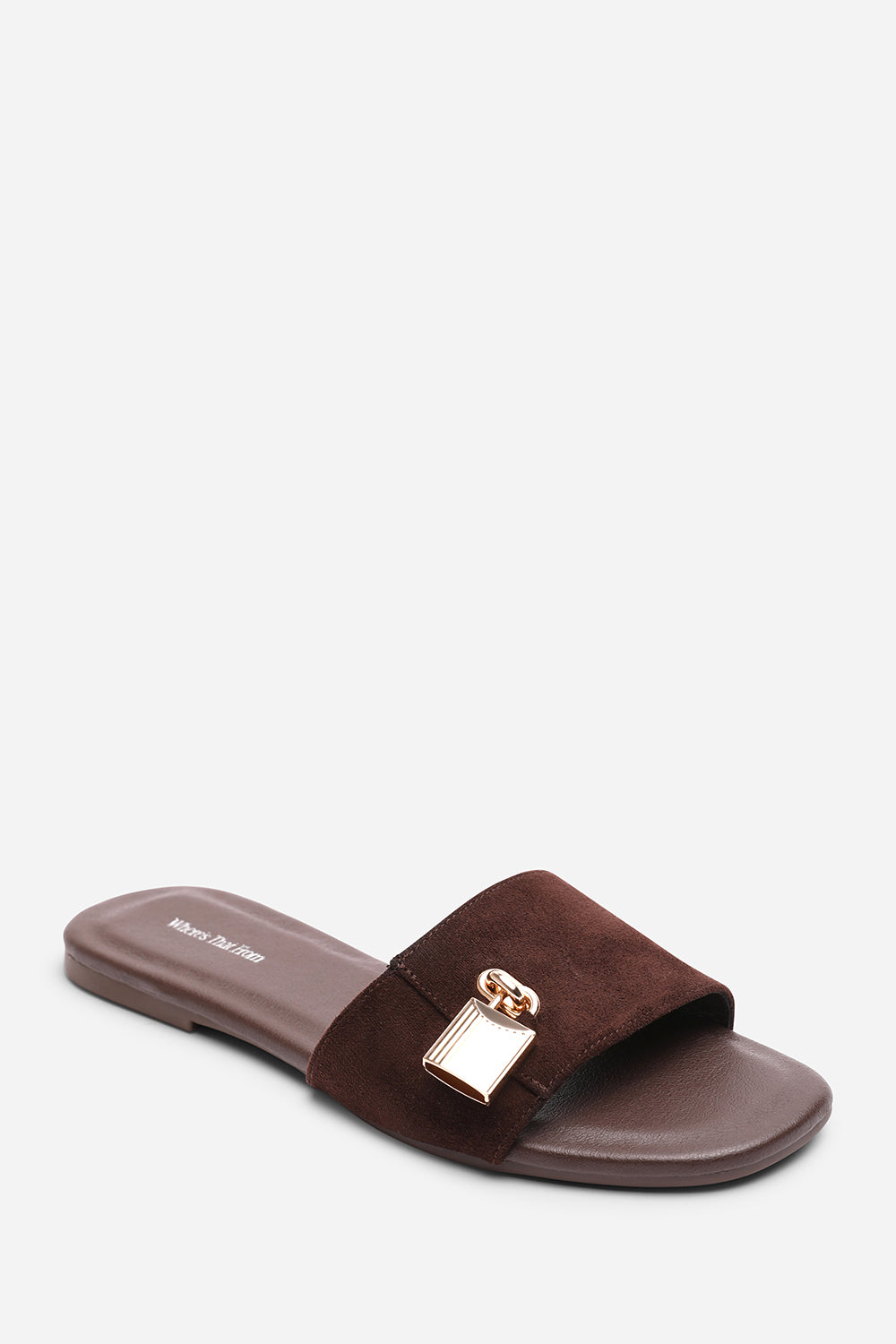 Solana Gold Trim Flat Dark Brown Suede Slide On Sandal