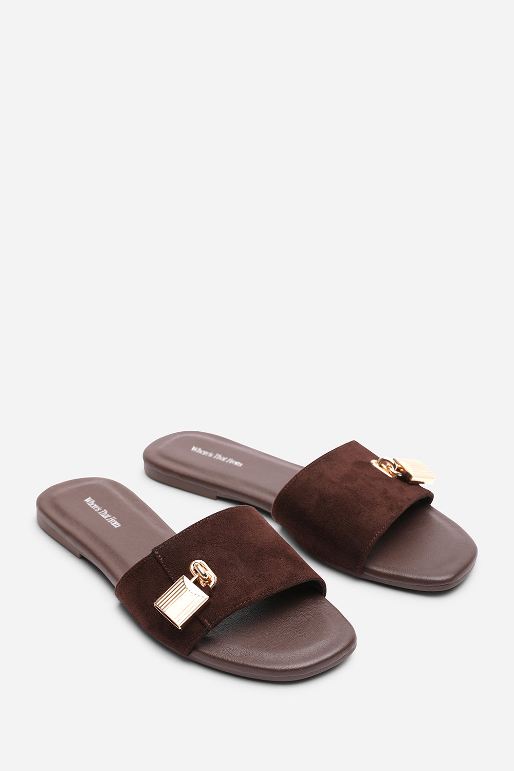 Solana Gold Trim Flat Dark Brown Suede Slide On Sandal