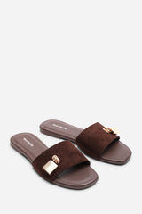 Solana Gold Trim Flat Dark Brown Suede Slide On Sandal