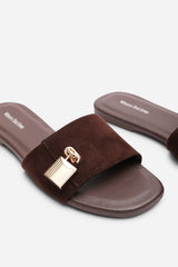 Solana Gold Trim Flat Dark Brown Suede Slide On Sandal