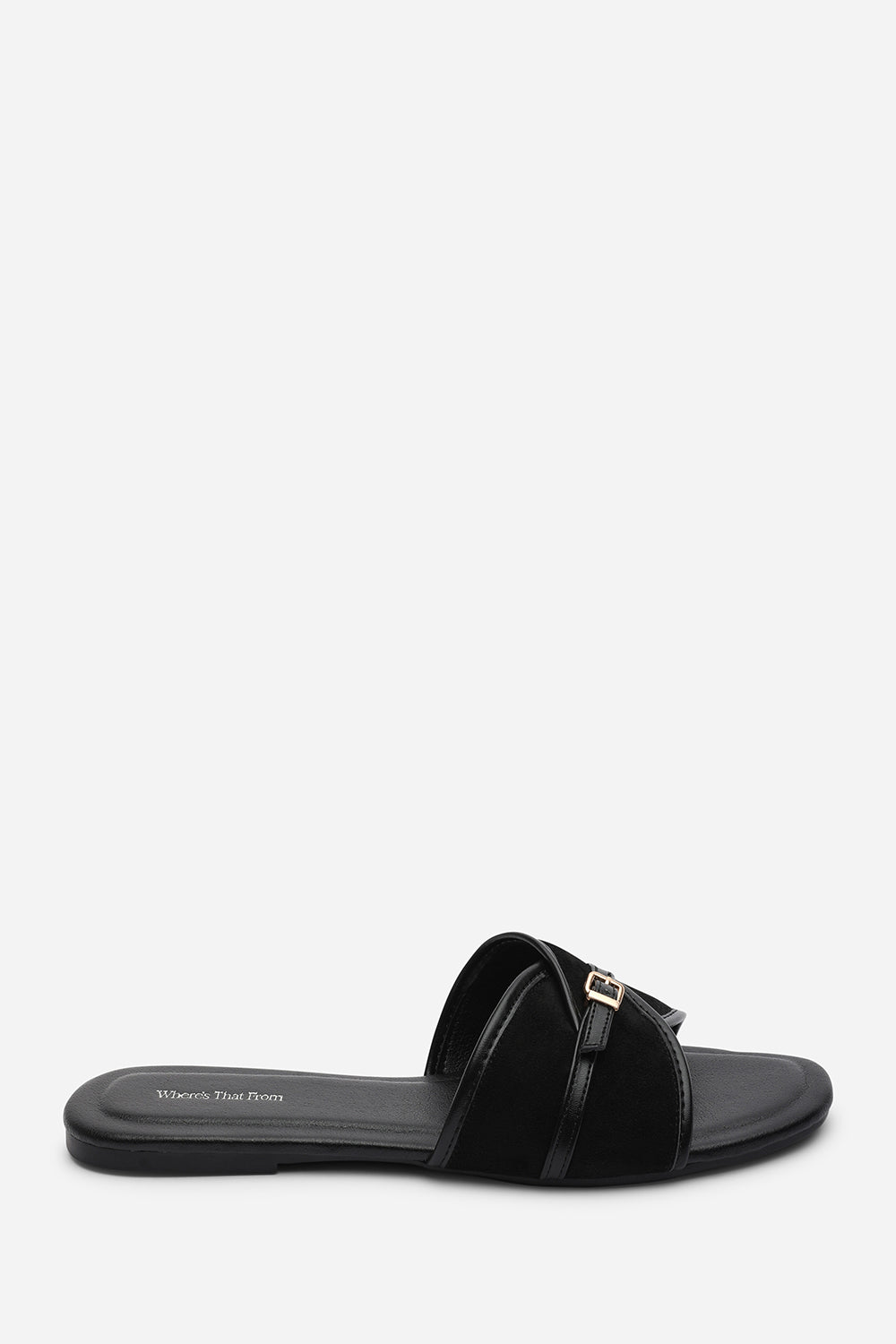 Cevora Cross Over Buckle Black Suede Slide On Sandal