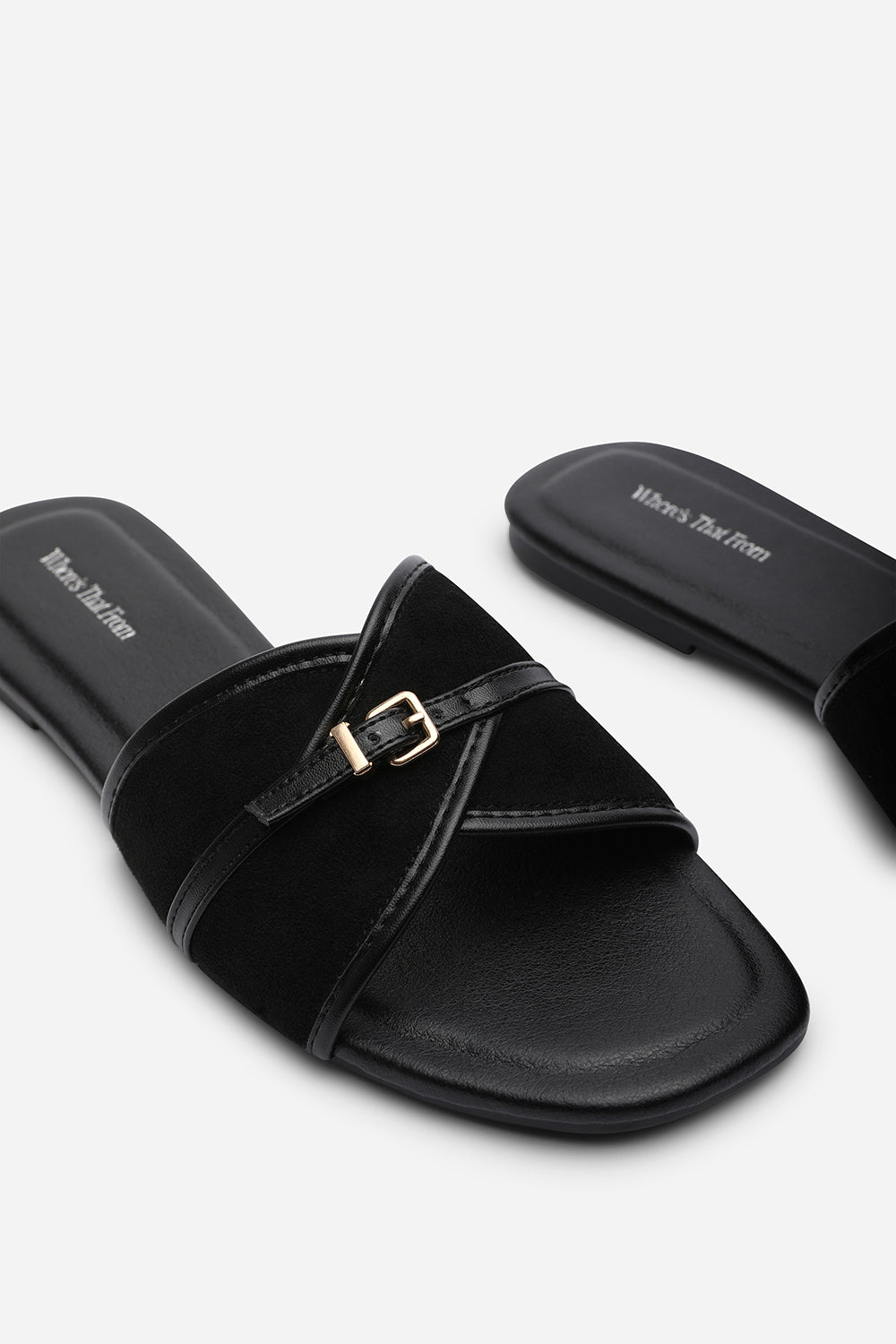 Cevora Cross Over Buckle Black Suede Slide On Sandal