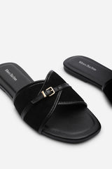 Cevora Cross Over Buckle Black Suede Slide On Sandal