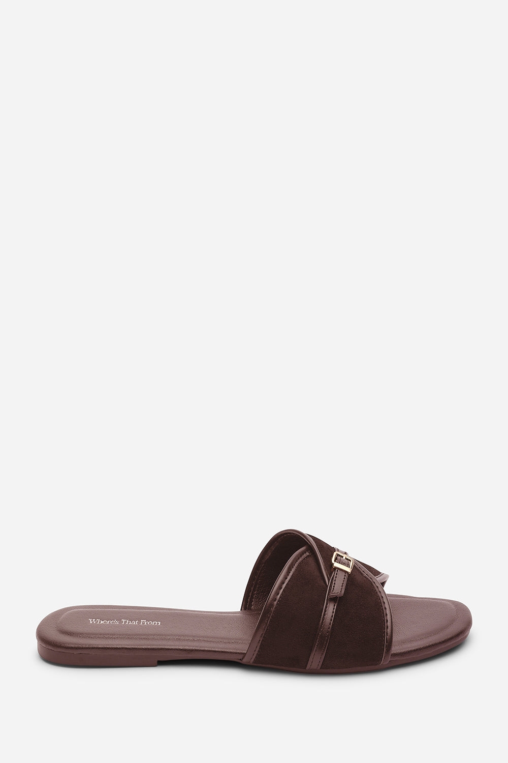 Cevora Cross Over Buckle Dark Brown Suede Slide On Sandal