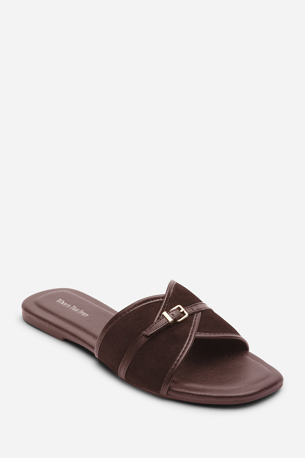 Cevora Cross Over Buckle Dark Brown Suede Slide On Sandal