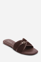 Cevora Cross Over Buckle Dark Brown Suede Slide On Sandal