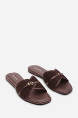 Cevora Cross Over Buckle Dark Brown Suede Slide On Sandal