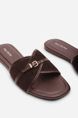 Cevora Cross Over Buckle Dark Brown Suede Slide On Sandal
