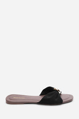 Arc Ruched Buckle Black Suede Slide On Sandal