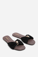 Arc Ruched Buckle Black Suede Slide On Sandal